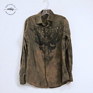 Affliction Y2K Embroidered Button Up Long Sleeve Tye Die Shirt Green Gold Men S